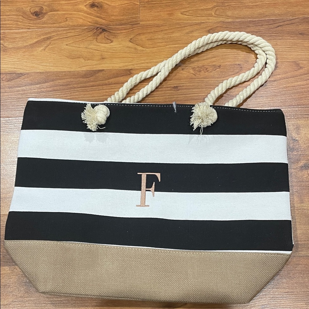 Striped Black and White Tote Bag with Tan Base